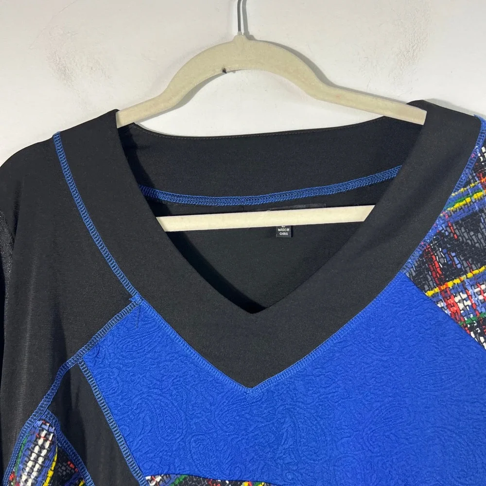Womens Calessa V Neck Plaid Blue Colorblock Asymmetrical Tunic L Black Blue